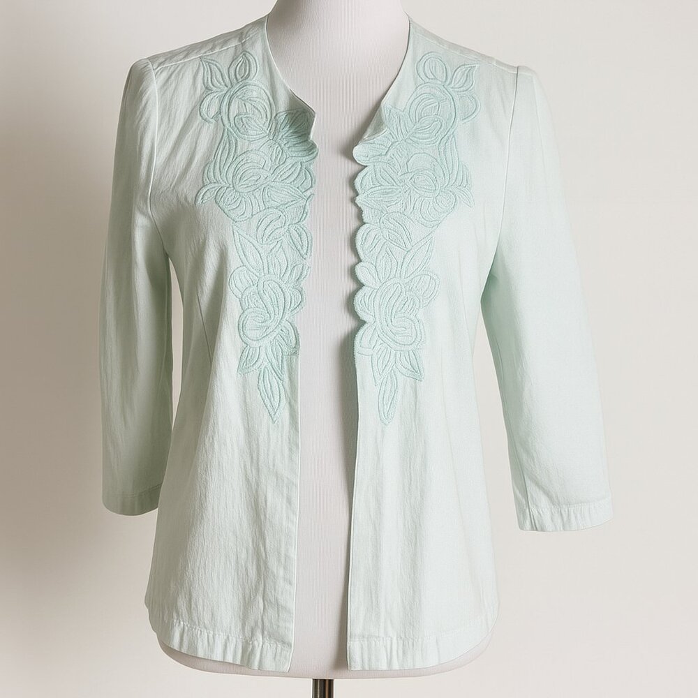 Chico's 1 Floral‎ Embroidered Scalloped Open Front Top Size M Blue Cardigan